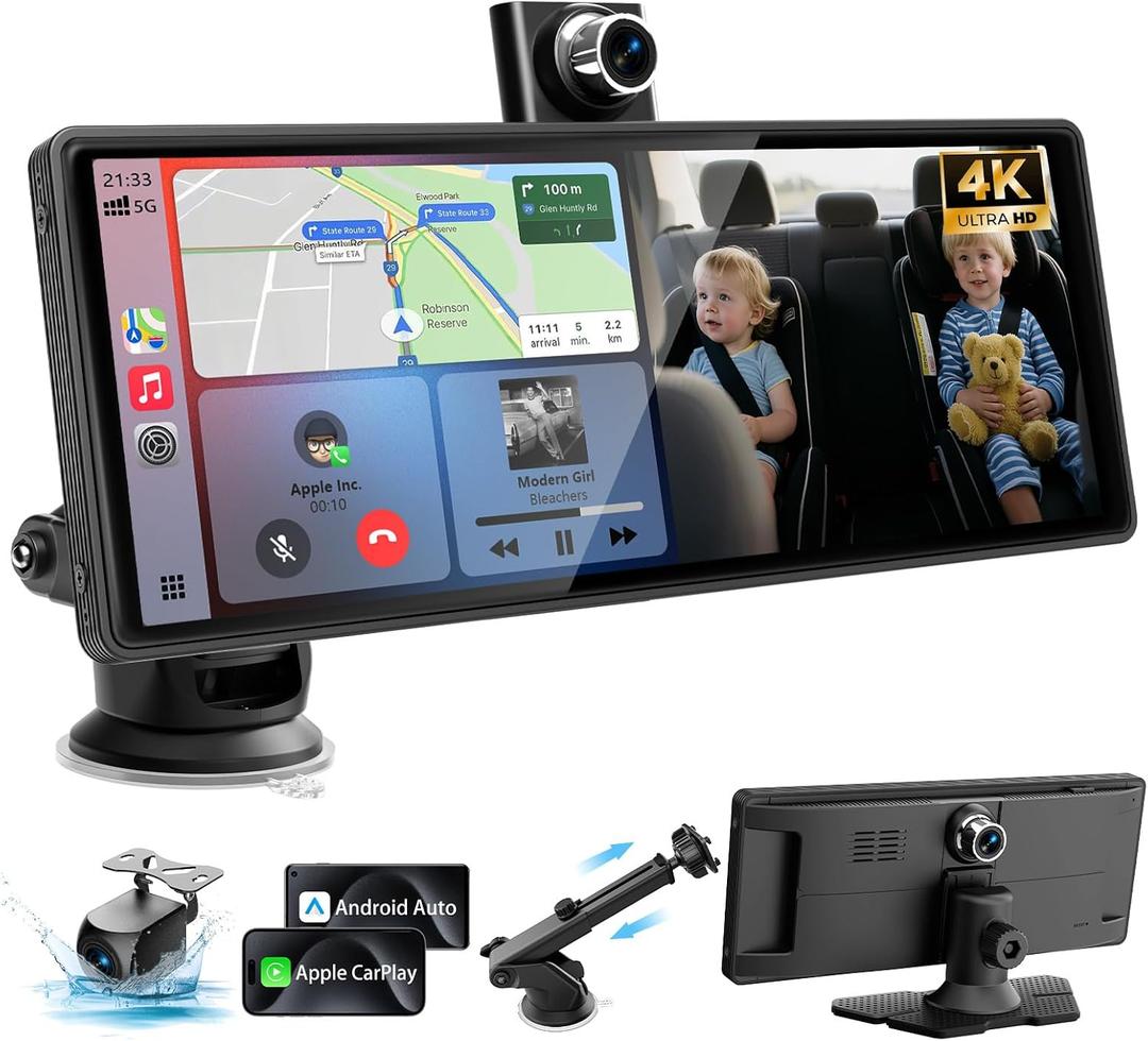10.26" Portable Carplay Screen for Car, Wireless Car Play & Android Auto Touch Screen, 180 Rotatable 4K Dash Cam, 1080P Backup Camera, Mirror Link/Music Play/GPS Navigation for All Cars