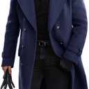 Runcati Men's Double Breasted Trench Coat Mid Long Jacket Notched Lapel Winter Chunky Warm Overcoat (Large, Navy Blue)