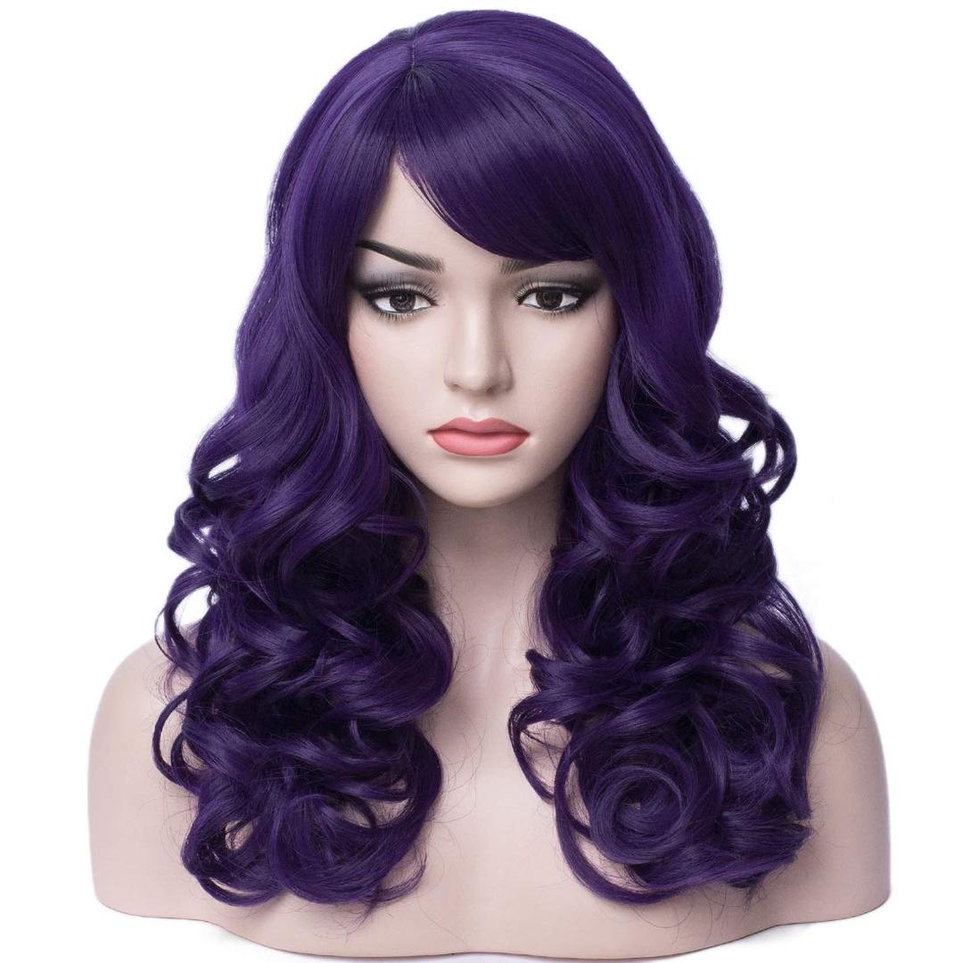 BERON Dark Purple Wig - Long Curly Wavy Wig with Bangs for Women's Halloween Cosplay & Party Costume