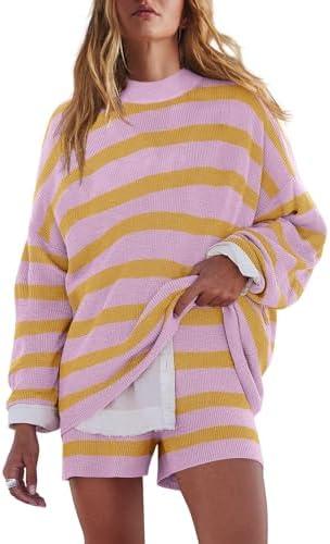 LAMISSCHE Womens Oversized Lounge Sets 2 Piece Outfits Striped Matching Pajama Set Long Sleeve Sweater Set, Dk Yellow< Purple S