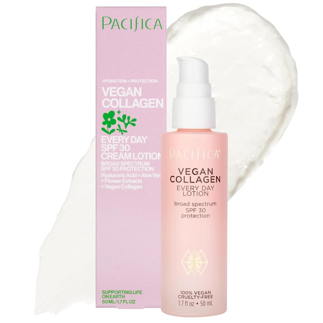 Pacifica Beauty Vegan Collagen SPF 30 Broad Spectrum Sunscreen Every Day Face Lotion, UVA/UVB Protection for All Skin Types, Lightweight, Moisturizing & Hydrating, Cruelty Free, White, 1.7 Fl Oz