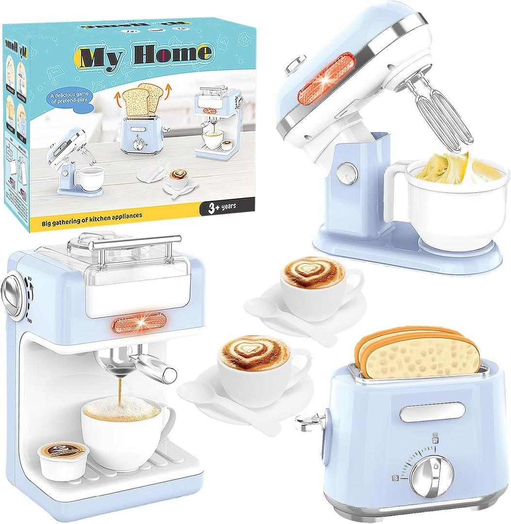 Pretend Play Kitchen Appliances Toy Set, Kids Kitchen Accessories Set with Coffee Maker, Toaster, Mixer with Light and Sound, Gift for Girls Boys Kids Ages 3 4 5 6 7 8(Blue)