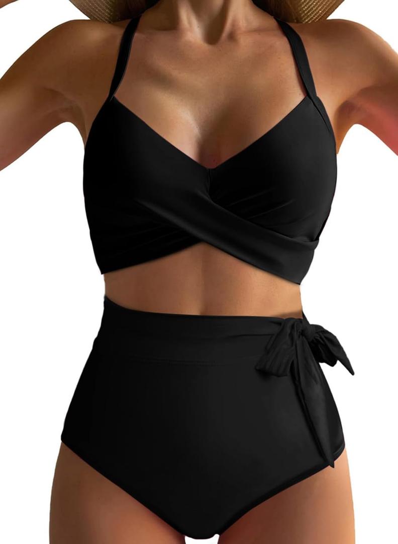 Dokotoo Women's High Waisted Floral Bikini Sets Swimsuit Suit for Women 2025 Tummy Control Bathing Suit Swimwear for Summer (Small, Black)