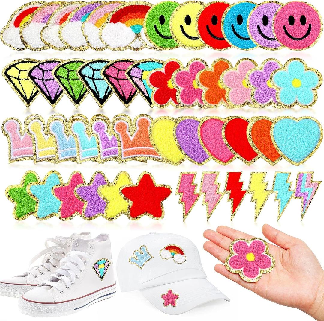 48 Pcs Iron on Patches Self Adhesive Chenille Patches for Backpacks Applique Patches Rainbow Heart Smile Face Star Flower Paw Embroidered Patch for Clothing Fabric Jackets Jeans Repair (Vivid Style)