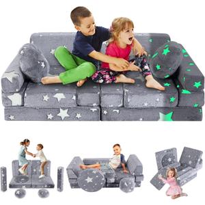 13 PCS Kids Play Couch, Modular Glowing Kids Toddler Couches, Kid Play Couch Sofa for Playroom and Bedroom (Grey)