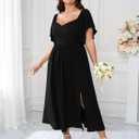 SCOMCHIC Women Plus Size Dresses Short Sleeve Sweetheart Neckline Wedding Guest Cocktail Smocked A Line Slit Maxi Dress (XXL)