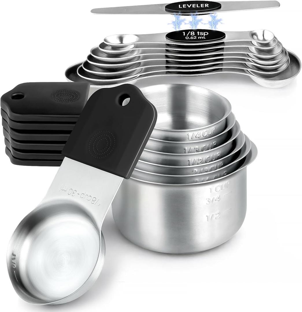 Magnetic Measuring Cups & Spoons Set, Strong N45 Magnets, Heavy Duty Stainless Steel Fits in Spice Jars for Baking & Cooking, BPA Free, Round Set of 15 with Leveler, Dark Black