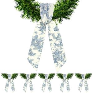 XunYee 6 Pcs Wreath Sash for Front Door Wreath Sash for Embroidery Monogram Garland Decor Accessories Wedding 4th of July Party Yard Indoor Outdoor Wall Cabinet Kitchen(Toile De Jouy) (Blue and White)