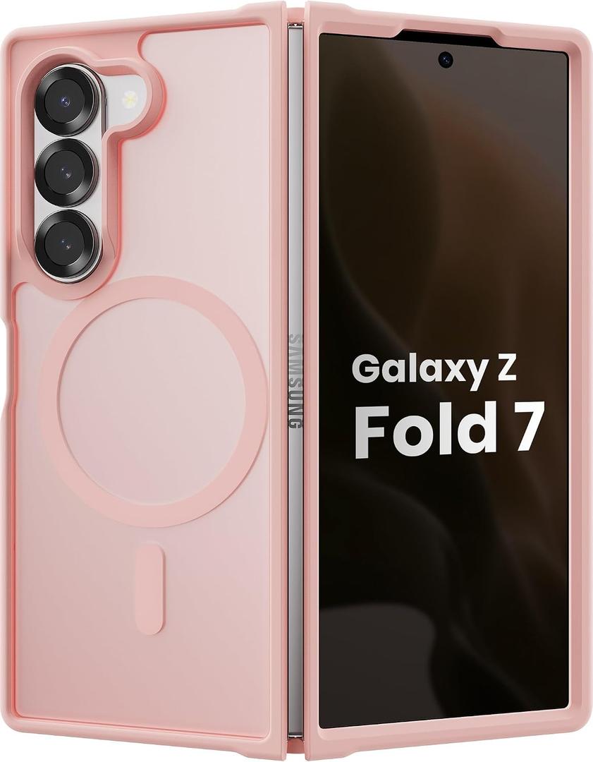 Magnetic Case for Samsung Galaxy Z fold 7 Case, Slim Translucent Matte Phone Cover with Shockproof TPU Frame & Scratch-Resistant PC Back, Strong Magnetic Ring, Chalk Pink
