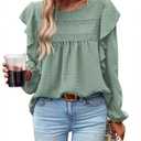 PRETTYGARDEN Women's Long Sleeve Blouses Ruffle Swiss Dot Crochet Loose Fit Tunic Dressy Casual Tops Shirts Spring Fashion 2026 (Fruit Greenack XS) (Green, XS)