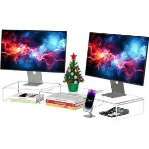 Xcosrack Clear Acrylic Monitor Stand Riser, 3 Shelves Adjustable Dual Monitor Stand with AntiSlip Mat, Premium Desk Organizer for Home Office, Laptops, PCs, Printers, TVs