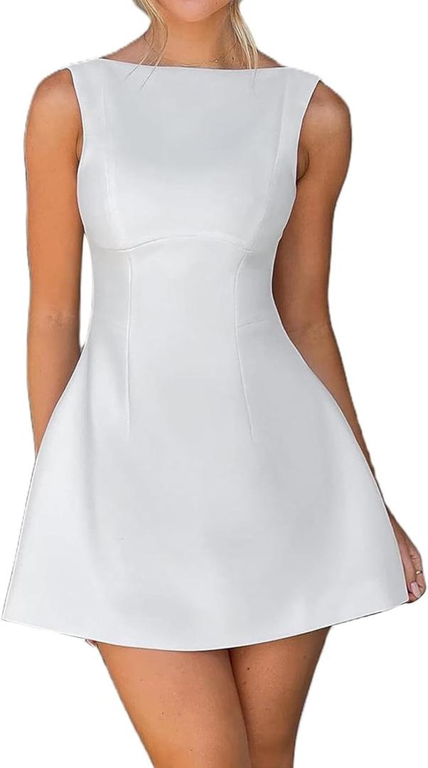 Backange Women Sexy Backless Mini Dress Sleeveless Open Back A Line Tank Formal College Graduation (White, X-Large)