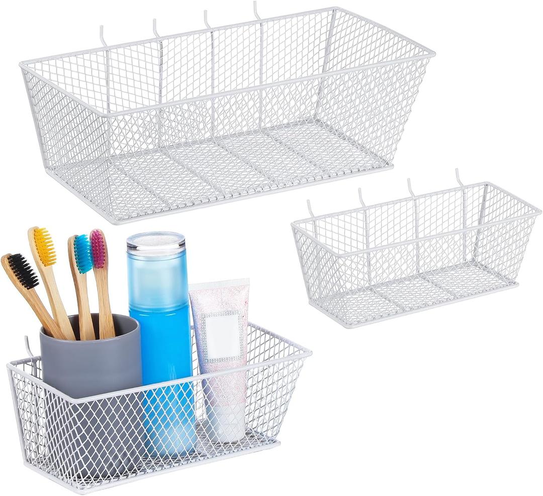 Photect Pegboard Wire Baskets Accessories Hanging Wall Organizer 3 Sizes Pegboard Bins Basket Home Garage Multi Fit Organizer for Slatwall(White,3 Pcs)