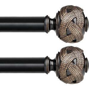 2 Pack Curtain Rod 32 to 58 Inches (2.6 to 4.8 ft), USFOOK 7/8 Inch Telescoping Splicing Curtain Rods for Windows 20 to 53 Inch, Black Drapery Rod with Leaf Finials