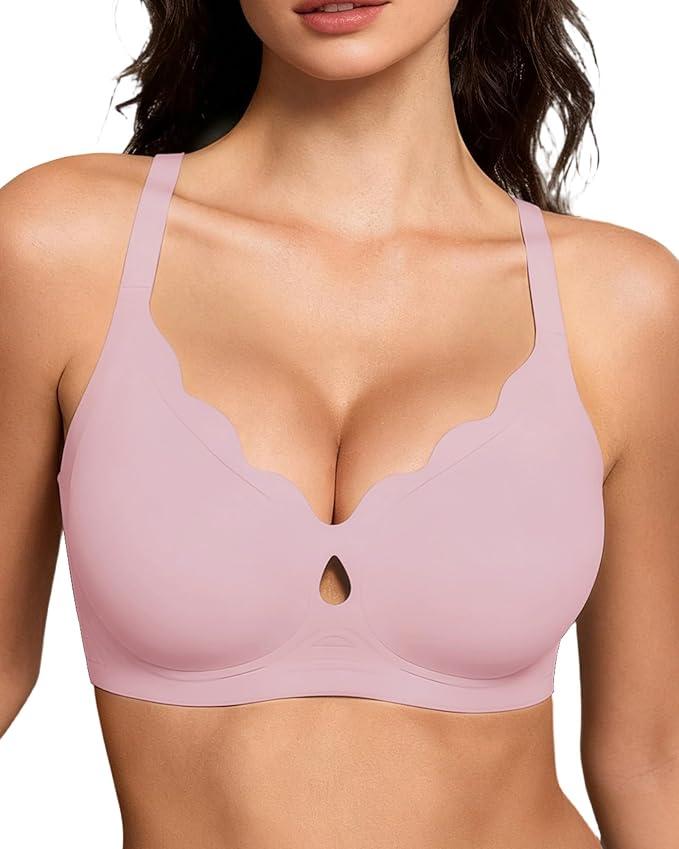 Gailife Bras for Women No Underwire Jelly Bras Wave Wireless Bras Seamless Full Coverage Bralettes Everyday Bras, Peach Pink, 2XL
