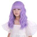 Kids Light Purple Wig Short Purple Wig with Air Bangs for Girls Short Wavy Curly Lavender Wigs for Child Heat Resistant Synthetic Wigs with Cap