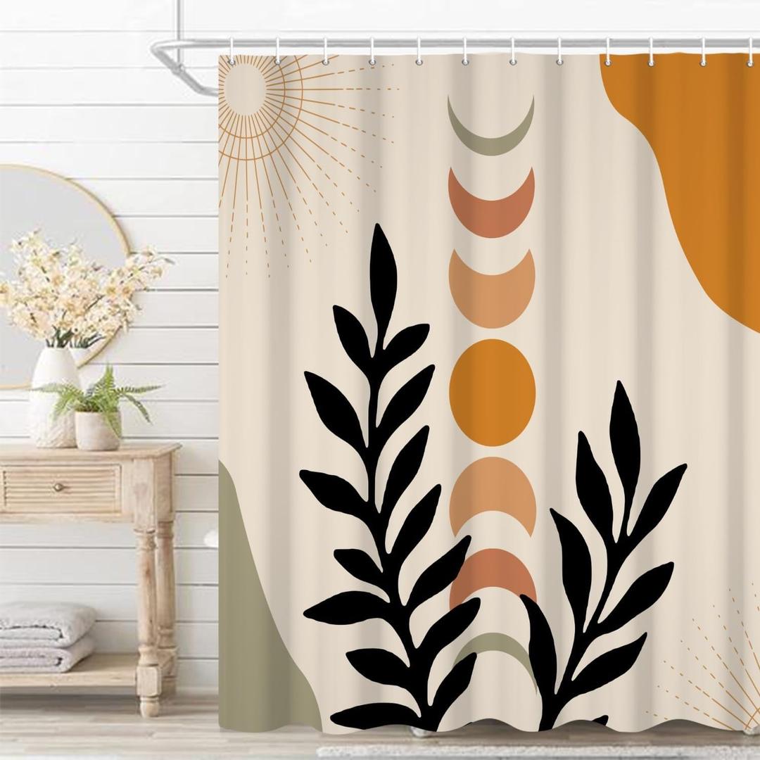 Bohemian Bathroom Shower Curtain Eucalyptus Leaves Moon Phase Boho Theme Bath Curtain with Hooks Waterproof Fabric Polyester Shower Curtain Modern Aesthetics Home Decorative, 72x84 Inch