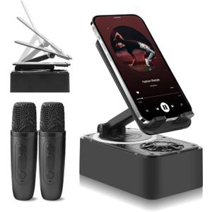 Wireless Induction Bluetooth Speaker 7-in-1 Phone Holder with Featuring Dual Microphones, Emergency Rechargeable (2000mAh) with Color Ambient Lights,300 Foldable for iPhone/iPad/Tablet