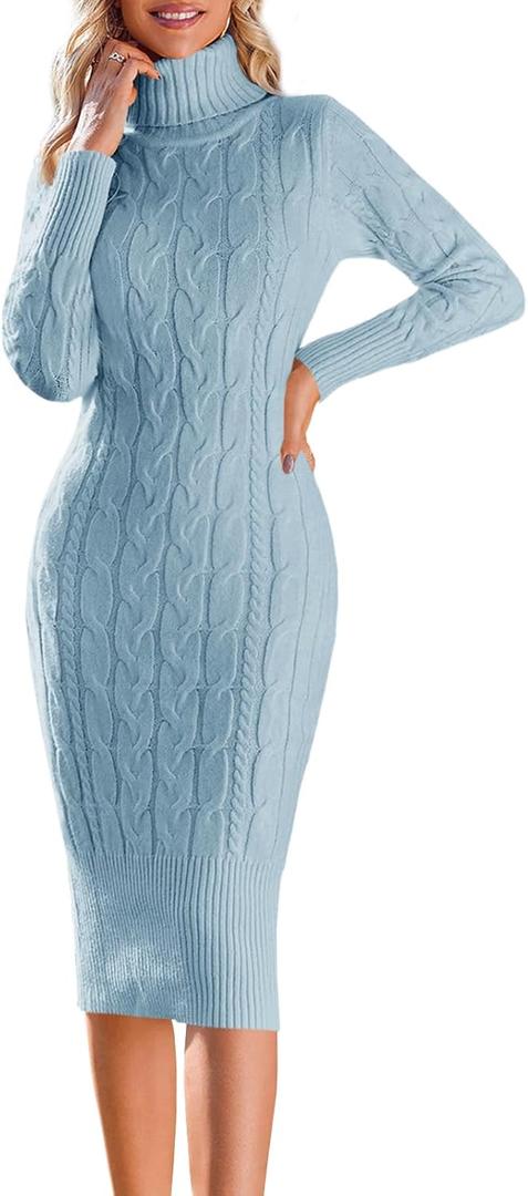 Fangetey Womens Long Sleeve Turtleneck Sweater Dresses Knitted Bodycon Midi Sheath Jumper Dresses (Blue)