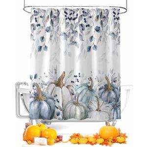 Thanksgiving Blue Pumpkins Fabric Shower Curtain, Autumn Watercolor Leaf Decorations Funny Shower Curtains for Bathroom Set with Hooks, Waterproof & Washable Bath Curtains Fall Decor 72x72 inch