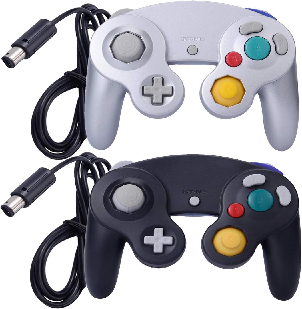 ONE250 2 Pack Classic Shock Joypad Wired Controller, Compatible with Wii NGC Gamecube Game Cube (Black & Silver)