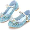 Girls Dress Shoes Mary Jane Princess Shoes Girls' Flats Glitter Low Heels Flower Wedding Party Footwear for Toddler Little/Big Kid (6 Toddler, 738 Blue)