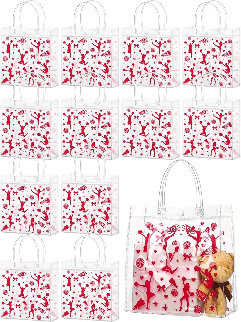 Sweetude 24 Pcs Cheer Clear Treat Bags with Handles for Cheer Team Cheerleader Gift Bag Bulk Cheerleader Party Supplies