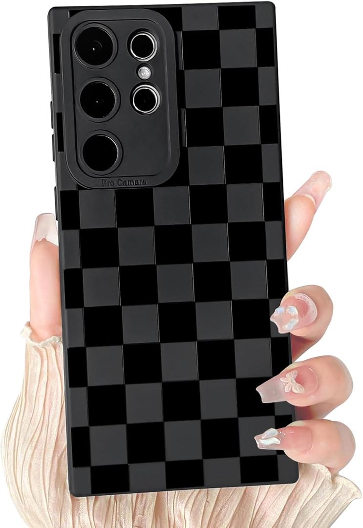 Tnarru for Samsung Galaxy S24 Ultra Case [Support Wireless Charging] Hard PC Back & Soft TPU Non-Slip Sides Scratchproof Protective Cover Slim Thin Case for Galaxy S24 Ultra Checkered Black