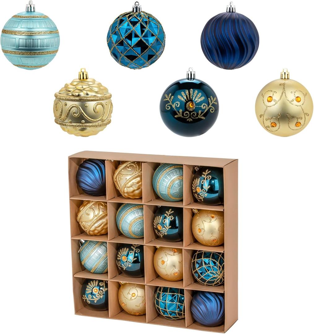 80mm/3.15" Luxury Navy and Gold Christmas Tree Ornaments Balls, 16 Pcs Shatterproof Plastic Baubles Decorations for Xmas Trees, Wreath, Garland, Party, Wedding (Blue and Gold)
