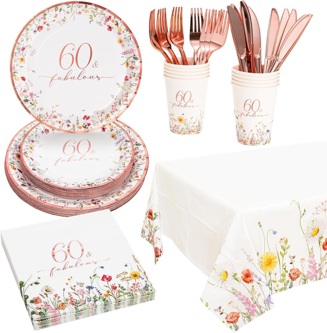 Crisky 60th Birthday Plates and Napkins 60 Fabulous Disposable Paper Tableware Set of 24 for Women 60th Birhday Decorations (Plates, Napkins, Cups, Tablecloth, Knife & Fork)