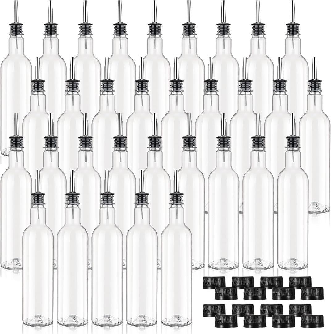 32 Pack 25 oz Syrup Bottle Plastic Long Neck Bottle with Stainless Steel Leakproof Tapered Spout Pourer and Cap Alcohol Juice Coffee Container for Home Bar Service Bartending Supplies