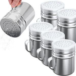 CUSINIUM 10oz Stainless Steel Salt Pepper Dredge Shakers - With Plastic Cap - With Handle - Pack of 6