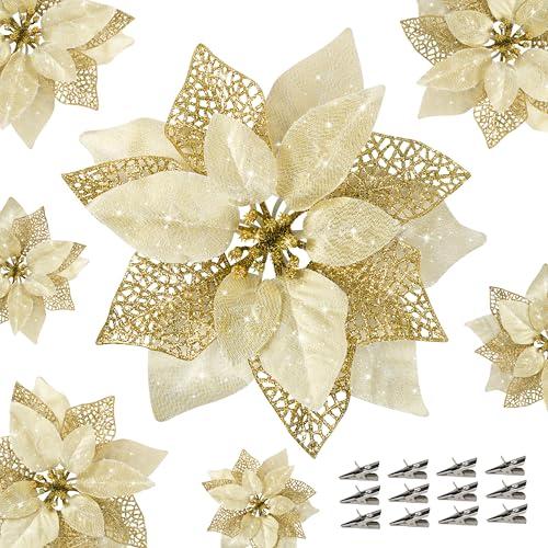 Childom 12 PCS Poinsettia Flower Artificial Poinsettia Christmas Decoration 8.7'' Gold Glitter Poinsettias Christmas Ornaments Xmas Tree Flower Decor with Clips DIY Xmas Wreath Holiday Home Party and 12 PCS 5.9"
