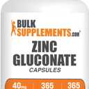 BulkSupplements.com Zinc Gluconate Capsules - Zinc Supplements, for Immune Support - Gluten Free, 1 Capsule per Serving, 365 Count (Pack of 1) BB:01/31/2028