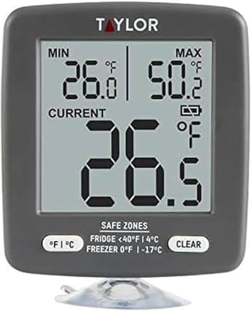 Taylor LCD Display Digital Kitchen Refrigerator/Freezer Kitchen Thermometer Min/Max on Display, 2 inch display, Gray, 1 Count (Pack of 1), Grey 