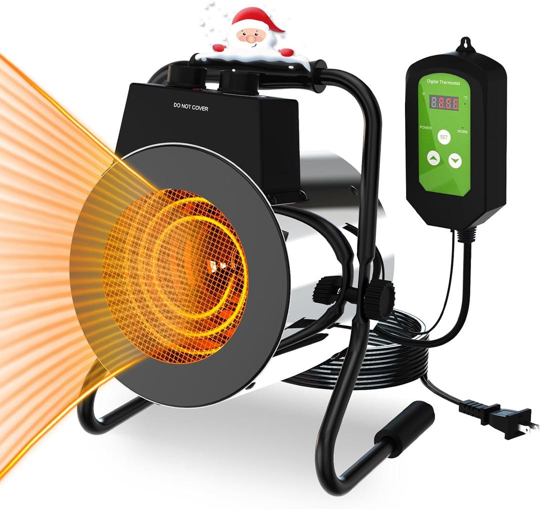 Buyplus Greenhouse Heater with Digital Thermostat, 1500W Outdoor Heaters for Patio, Overheat Protection & 3S Fast Heating, Electric Space Heater for Patio, Garage, Greenhouse, Flower House, Silver