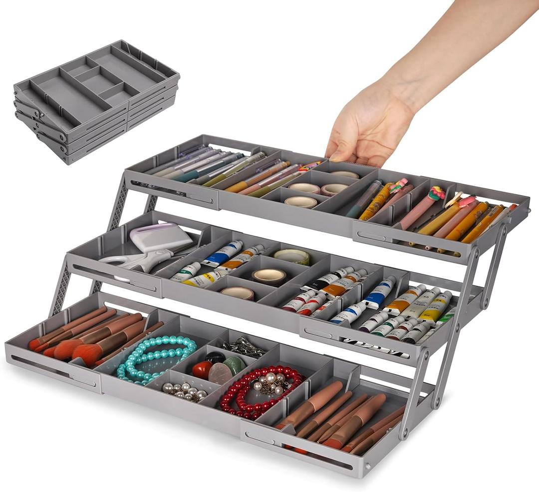 3 Tier Drawer Organizer - Expandable Junk Drawer Organizers Smart Office Supply Organizer, Folding Drawer Storage Multi-level Desk Organizer for Makeup,Jewelry,Cosmetics,Kitchen Storage (1 Row 3 Tier) (Grey)