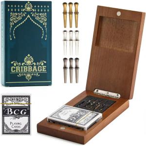 Wooden Cribbage Board Game Set, Travel Cribbage Board with Storage and Collapsible, with Magnetic Lock / 9 Metal Pegs/Full Deck of Cards, Family Board Games for Adults