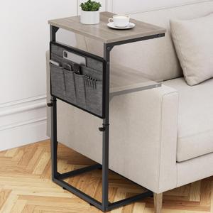 Vagusicc C Shaped End Table, 33'' Tall Side Table for Couch, Adjustable Height Small Couch Side Table for Small Spaces, End Tables for Living Room, Slide Under Sofa TV Tray with Metal Frame, Grey (16.35"D x 11.62"W x 17.7-32.5"H, Greige)