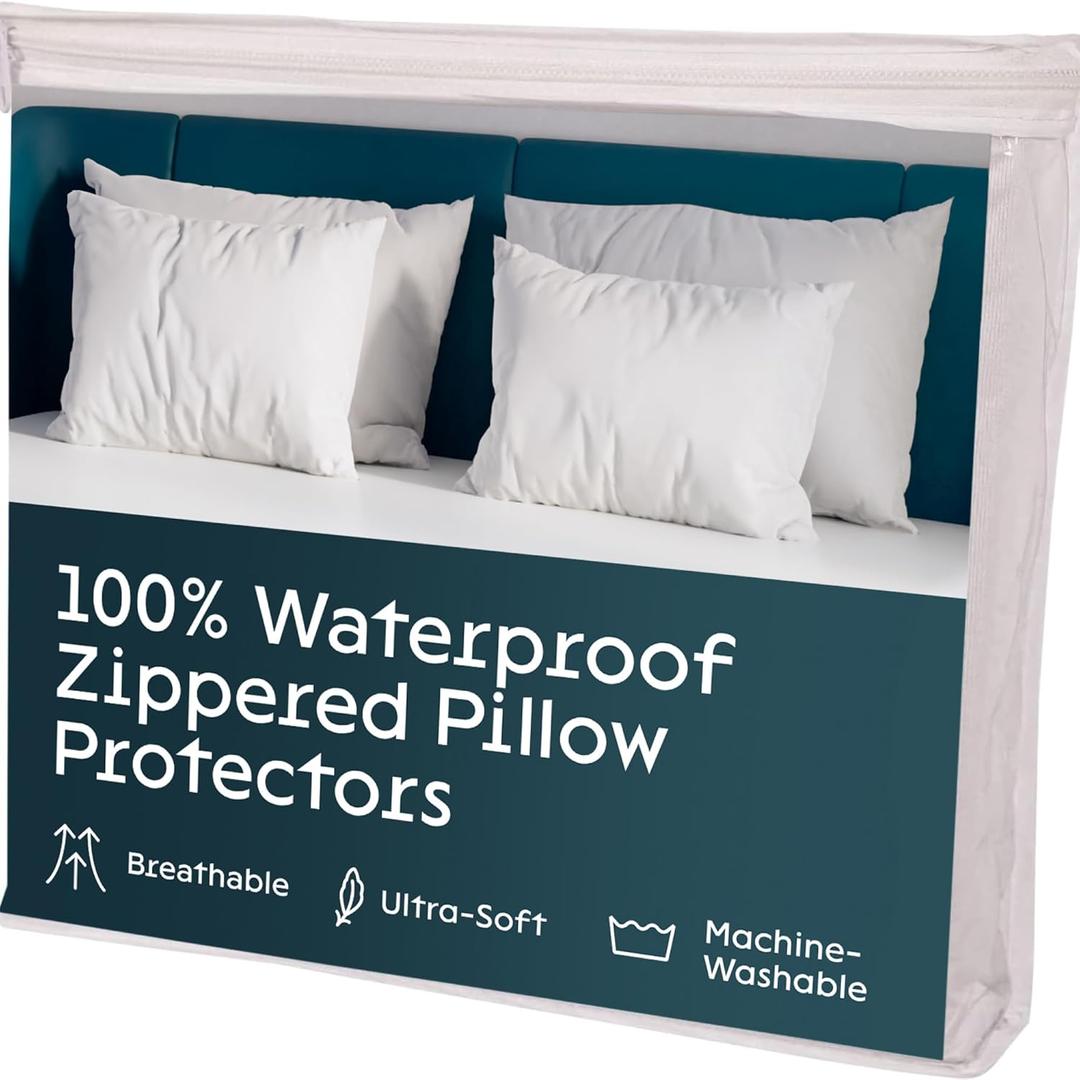 Niagara 4 Pack Waterproof Pillow Protectors King 20x36 Inches Smooth Zipper Premium Encasement Covers Quiet Cases Set White