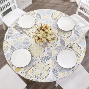 Round Vinyl Fitted Tablecloth with Flannel Backing Elastic Edge Design Table Cover Waterproof Oil-Proof PVC Table Cloth Stain-Resistant Best for 37"-44" Round (Floral)
