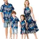 PATPAT Family Matching Outfits Matching Hawaiian Outfits for Family Tropical Palm Leaf Print Boys Toddler White Tropical Hawaiian Shirt Dad Son Matching Shirts Navy Blue Leaf Print Boy, 4t/5t