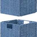 StorageWorks 11 inch Wicker Baskets, Handwoven Storage Cubes with Handles, Foldable Paper Rope Basket for Organizing, Dark Blue, 2 Pack