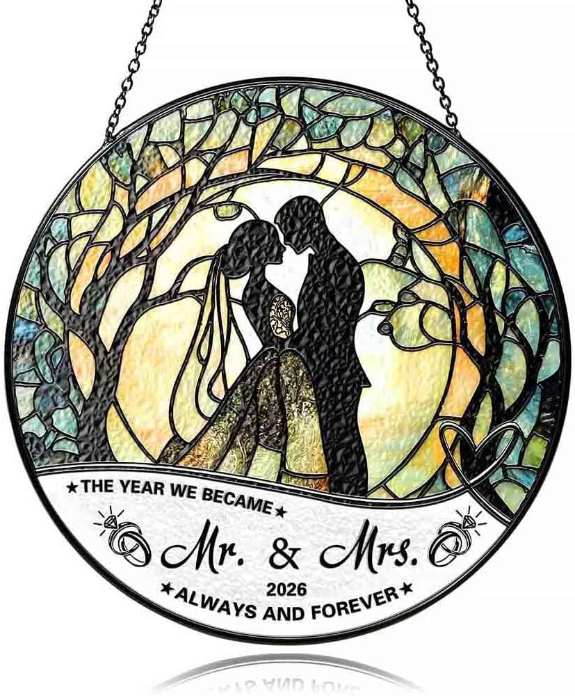 Stained Glass Suncatcher - Mr & Mrs 2026 Wedding Keepsake, Bridal Shower Gift for Newlyweds,Wedding Anniversary Keepsake, Suncatchers for Windows Hanging - Bride's Home Decoration or Ceremony Souvenir