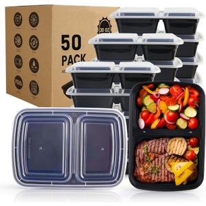 Meal Prep Containers Reusable 50 Pack - 2 Compartment Plastic Containers with Lids, To Go Food Containers BPA-Free, To Go Container With Lids Microwave, Dishwasher, Freezer Safe 30 oz