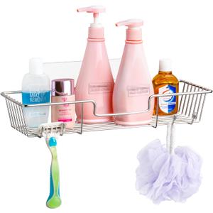 iPEGTOP Adhesive Shower Caddy Bathroom Shelf Storage with Hooks for Shampoo Conditioner Holder Kitchen Organizer Basket, No Drilling Wall Mounted, Rustproof Stainless Steel