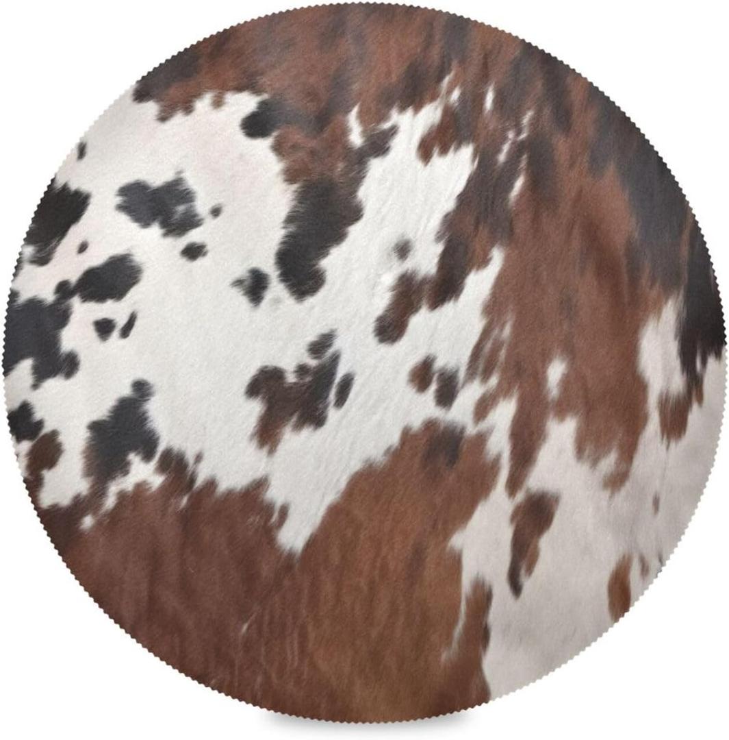 15 Inch Cowhide Round Placemats Set of 4 Heat Resistant Non-Slip Cow Print Place Mats Washable Decorative Kitchen Table Mats for Dining Table Centerpiece Holiday Party (A5)