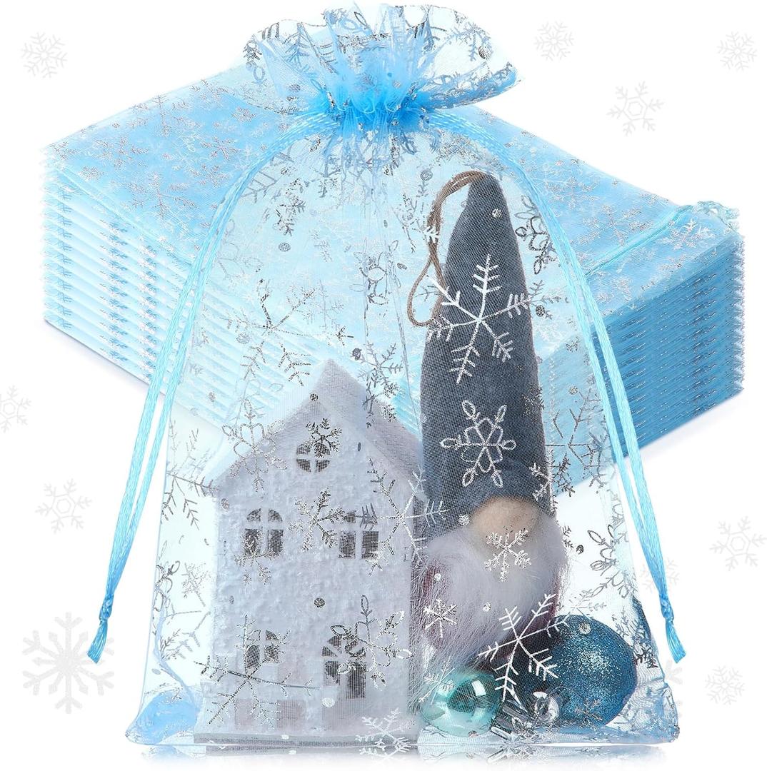 Roowest 50 Pcs Large Snowflake Organza Bags, 8'' x 12'' Winter Mesh Drawstring Gift Bags Bulk Sheer Pouch for Winter Holidays Xmas Wedding Jewelry Candy Packaging(Light Blue,Silver)