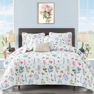 UOZZI BEDDING 3 Piece Reversible White Quilt Set Queen Size with Blue Green Leaves and Red Flowers Soft Microfiber Lightweight Floral Adult Summer Coverlet Bedspread for All Season