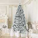9 FT Pre-Lit Christmas Tree, Snow Flocked Hinged Xmas Tree with 1498 Branches Tips & 550 LED Lights, Metal Stand, Artificial Pine Lighted Holiday Tree for Home Office Decorations